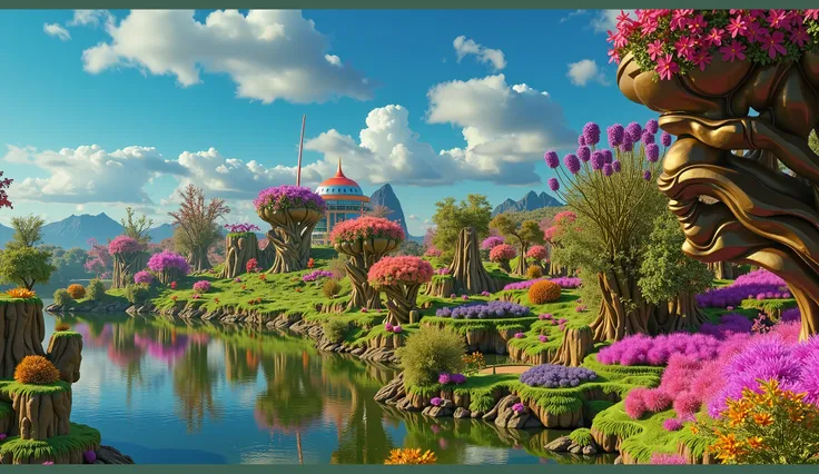 A vibrant, surreal landscape bursting with color and life. Futuristic structures blend with fantastical flora, tranquil stream creating a visually captivating paradise, Octane Render, hyperrealistic matte painting, concept art