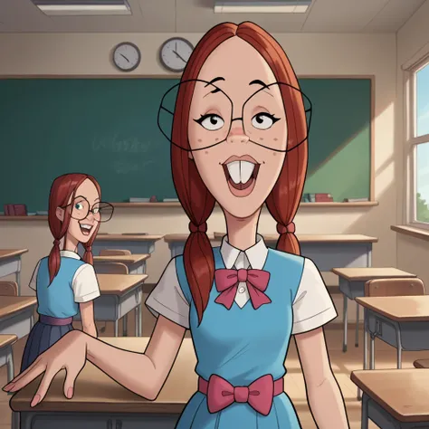 score_9, score_8_up, score_7_up, Gretchen, 1girl, red hair, long hair, twintails, glasses, freckles, buck teeth, looking at viewer, small breasts, narrow waist, wide hips, school uniform, classroom, desk, highres, high quality, masterpiece, 