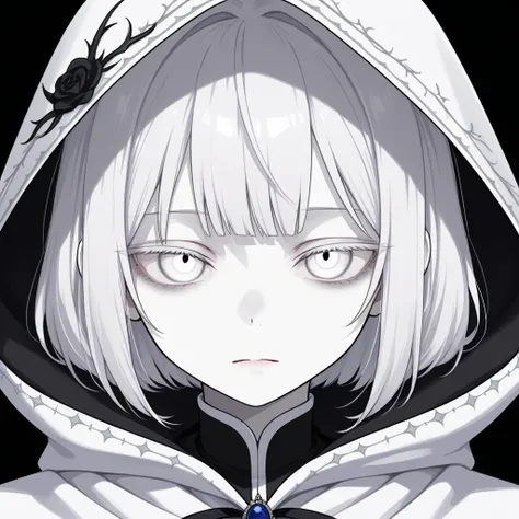 a boy with pale white skin, sharp white eyes, snow white hair with bangs, emotionless expression, uses a white outfit decorated with a white hood, plain black background 