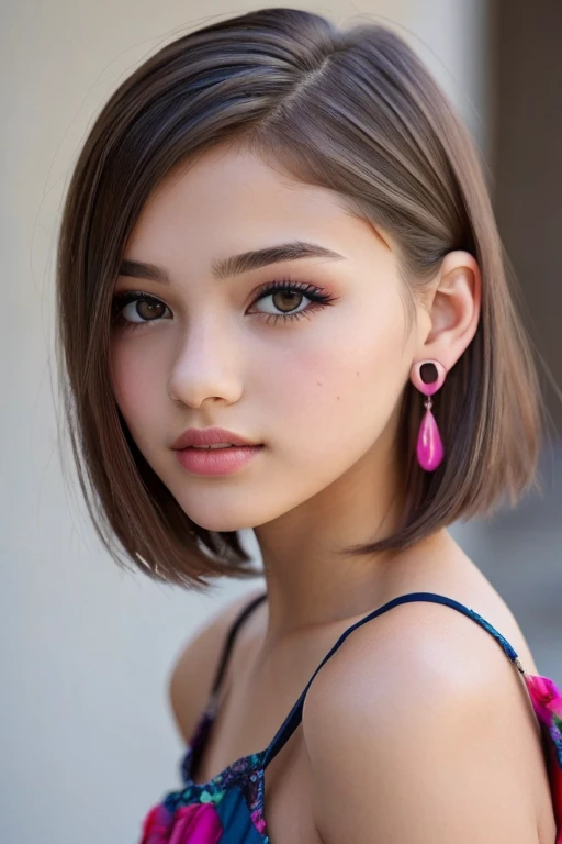 beautiful girl, brown_eyes, ((beautiful slim teenage girl 18 year old, hair color [Brown highlights hair], [undercut pixie] hair)), earrings, lips, realistic, narrow waist, charming, pink lipstick, colorful makeup, long eyelashes, earrings, wearing eyeline...