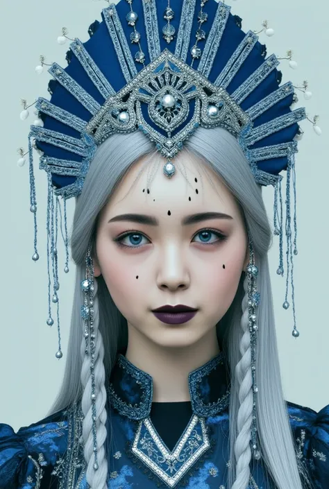 Vintage Blue, The image is a CGI rendering of a white-skinned woman with amazing blue eyes, long silver braided hair, and black teardrop-like stripes.
She wears a blue and silver decorative headdress with dangling pearls and matching clothes.
The makeup is...