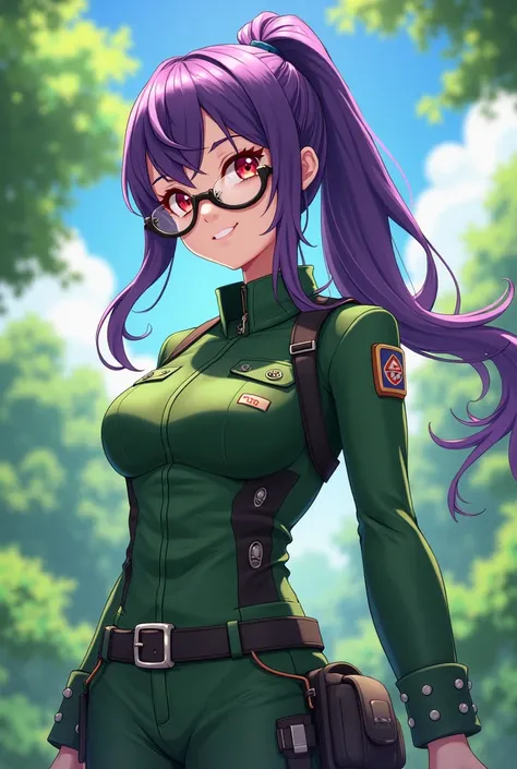  anime girl image,  purple hair with high ponytail ,  red eyes, round black glasses ,  ranger clothing in a green tone, genshin impact