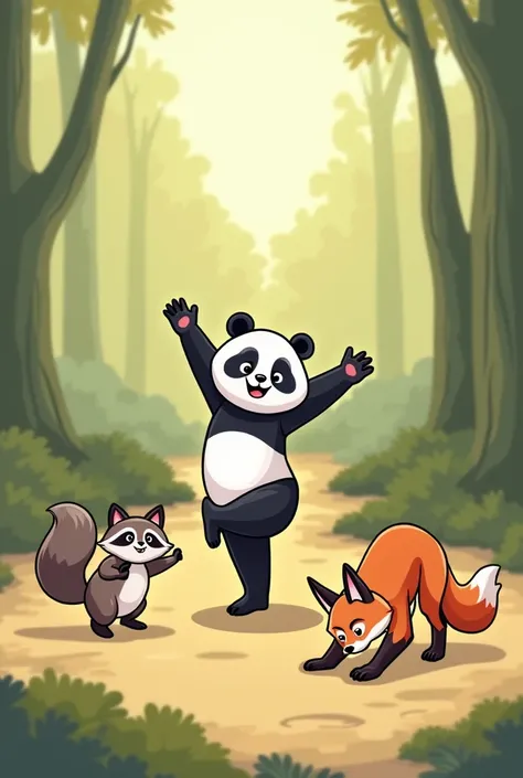 "A cartoon panda demonstrating Half Forward Fold (Ardha Uttanasana), standing with feet hip-width apart, back straight, arms reaching down parallel to the ground. A squirrel stretches her tiny arms forward but wobbles slightly, her tail raised. A raccoon b...