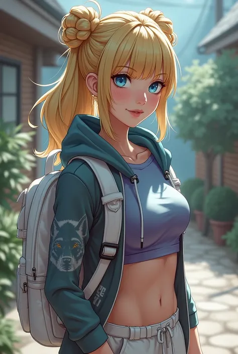 Character. Asian,with Scandinavian traits. Proportional head. PG 13.Female. Blonde hair, in twin buns and braids,bangs.. Bright blue eyes. Tall, 5'6". Slim. Athletic. Anatomically Correct,  wearing, white sweatpants, violet t shirt, and sky blue crop top, ...