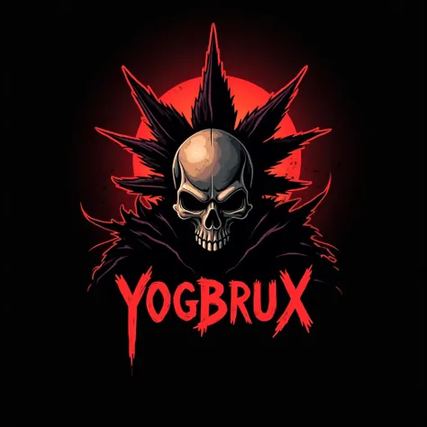 Logo of a skull with tall scales, red and black, With the name of Yogbrux.