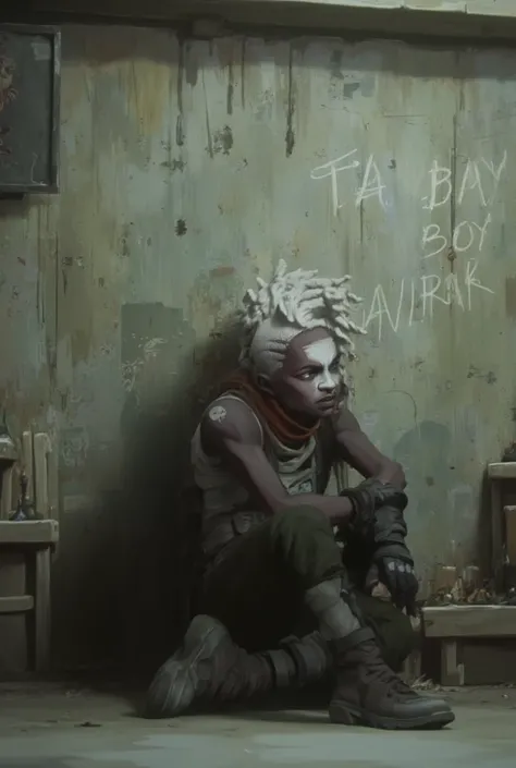  A photograph of Ekko sitting against a wall. He is tired and has a sad face, Her white-braided hair stands out,  is wearing military boots ,  fingerless gloves , dark black pants and an oversized shirt with a white hourglass symbol, There is white paint a...