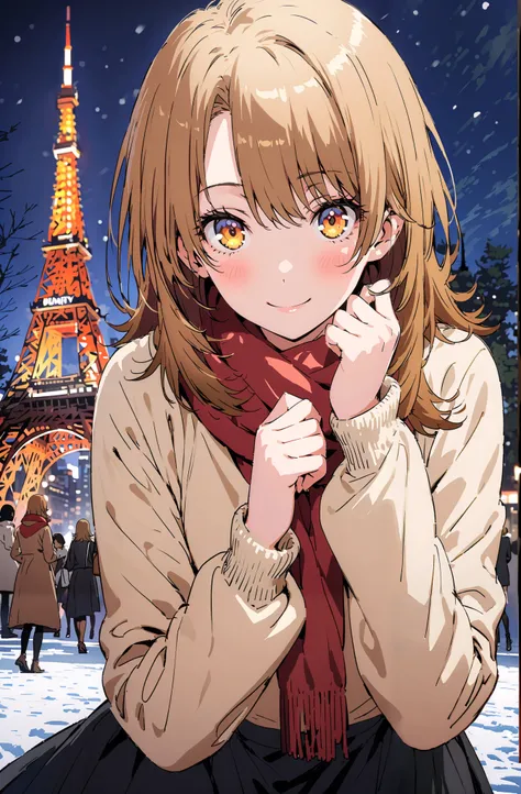 Irohaisshiki, Isshiki Iroha , long hair,  brown hair,  brown eyes,smile, close your mouth,blush, White Breath,White Coat, sweater, red scarf,snow, Tokyo Tower ,building,Black long skirt, Bbo~, standing,whole bodyがイラストに入るように,
break outdoors, City,
break loo...