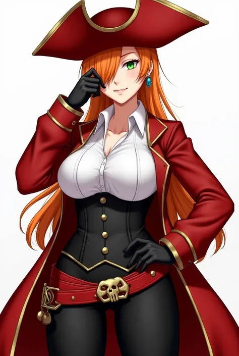 
1girl, adult woman, mature woman, older woman, fantasy, realistic, orange hair, long hair, red Pirate Captain hat, bang covering eye, white shirt, red Pirate longcoat, jewelry, black gloves, black tight pants, red belt, skull belt buckle, blue pendant, ea...