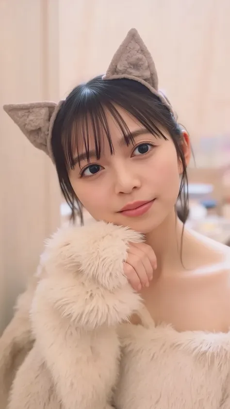 "A cute young woman 、 wearing fluffy fur clothes and cat ears,  Soft ,  dreamy environment . She is big,   expressive eyes and a gentle smile  .  Her fur clothes are soft and luxurious ,  with detailed textures .  The background is pastel and blurry ,  cre...