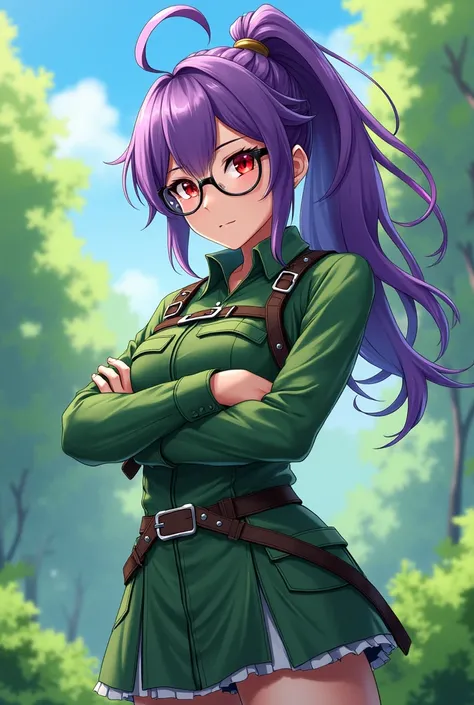  anime girl image,  purple hair with high ponytail ,  red eyes, round black glasses ,  ranger clothing in a green tone, genshin impact