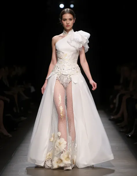 On the runway runway, double view of the front and back, full body display, a german dark blonde female model with an elegant temperament wore a white sexy acetate satin lingerie fishnet skirt cheongsam, golden camellia pattern, minimalist style, soft and ...