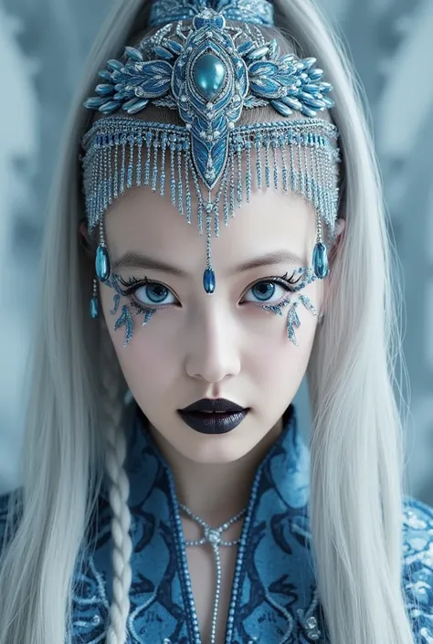 Vintage Blue, The image is a CGI rendering of a white-skinned woman with amazing blue eyes, long silver braided hair, and black teardrop-like stripes.
She wears a blue and silver decorative headdress with dangling pearls and matching clothes.
The makeup is...