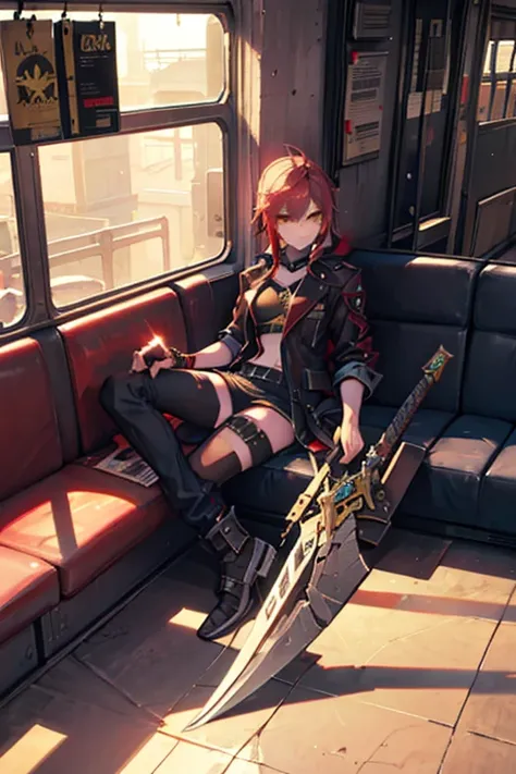 Young adult warrior angel, punk, Tomboy, delinquent, With a big golden sword,  long red hair , yellow eyes,  sitting on a couch inside a bus home,  full body 