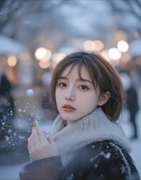 （masterpiece, best quality :1.2), winter,1 woman, [white breath] 、( Fantastic)Winter Festival 、 Snowflakes、❄️、cinematic lighting ,focus on her face,background blur,  fantastic