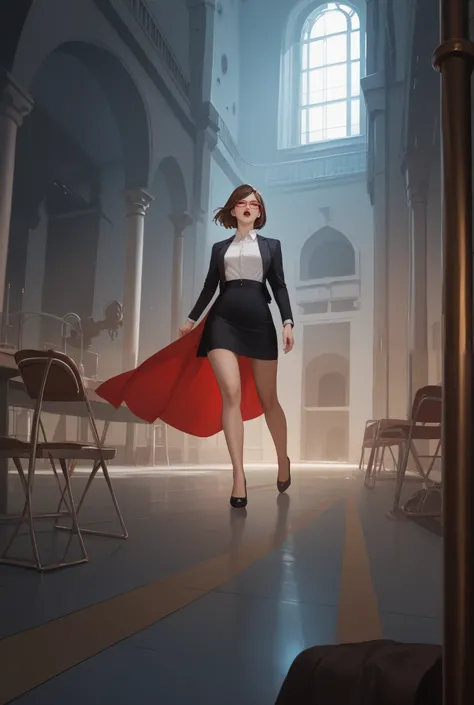 Sexy woman,  cut bob breasts,  brown hair,  red glasses,  eyes closed,  black eyes,  red lipstick,  small chest ,  curvilinear, White formal shirt,  black skirt, black formal jacket,  black formal shoes ,  walking in an abandoned laboratory, fainted,  lyin...