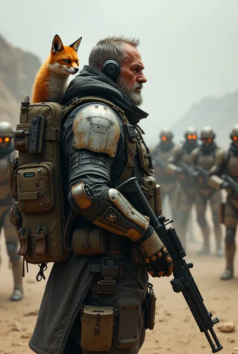 Cyborg veteran soldier, tactical gear , multiple weapons, armored back pack with his sentient foxcat/hybrid who is peeking out top flap and is aiming pistol at threat approaching from behind. Both wearing helmets and holding guns. Monsters approaching from...