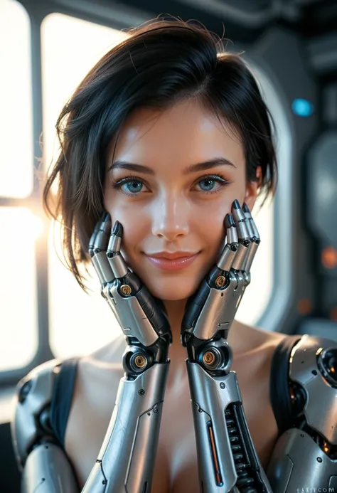 1girl, solo, looking at viewer, smile, short hair, blue eyes, black hair, closed mouth, lips, portrait, backlighting, hands on own face, mechanical arms, cyborg, single mechanical arm, hands on own cheeks, cyberpunk