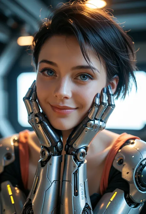 1girl, solo, looking at viewer, smile, short hair, blue eyes, black hair, closed mouth, lips, portrait, backlighting, hands on own face, mechanical arms, cyborg, single mechanical arm, hands on own cheeks, cyberpunk