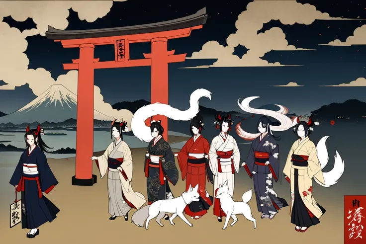 ukiyo-e,        super high resolution   ,    Golden Cloud 、  Beautiful Traditional Japanese Culture  , Many White Foxes   、  きつねYokaiの女  、  Stare  、 石造りの苔むしたgod社、   vermilion torii   、  Golden Cloud  、 Ink painting、  White Fox and the Devil's Feast 、god々、S...