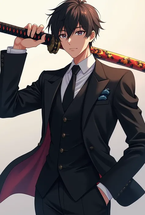 Draw an Anime boy who is 32 years old but is still as young as 18 years old in a black suit with a black tie wearing a pair of black glasses interspersed with gold and holding a katana in his left hand. Katana with a fire pattern on the scabbard and the sw...