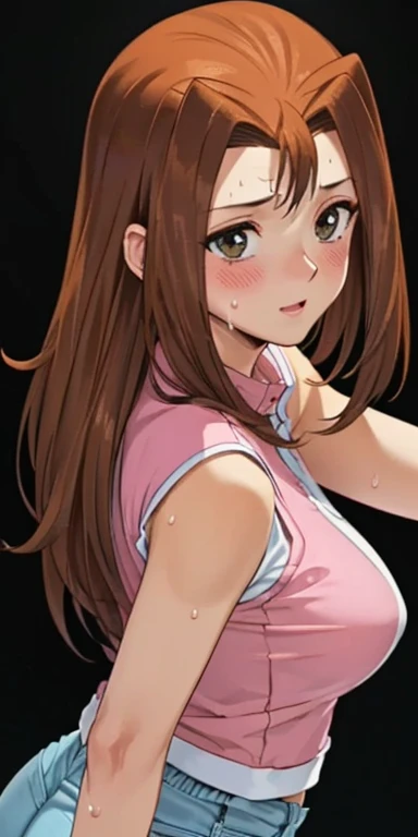  1 female, high definition, High resolution,  ultra-realistic  ,8K,serenidaddm ,  gray eyes, long hair,  brown hair,   pink shirt , pantalones cortos azules,European,sexy, close up of the upper body ,  photographed from the front , Dynamic Angles ,blush,  ...