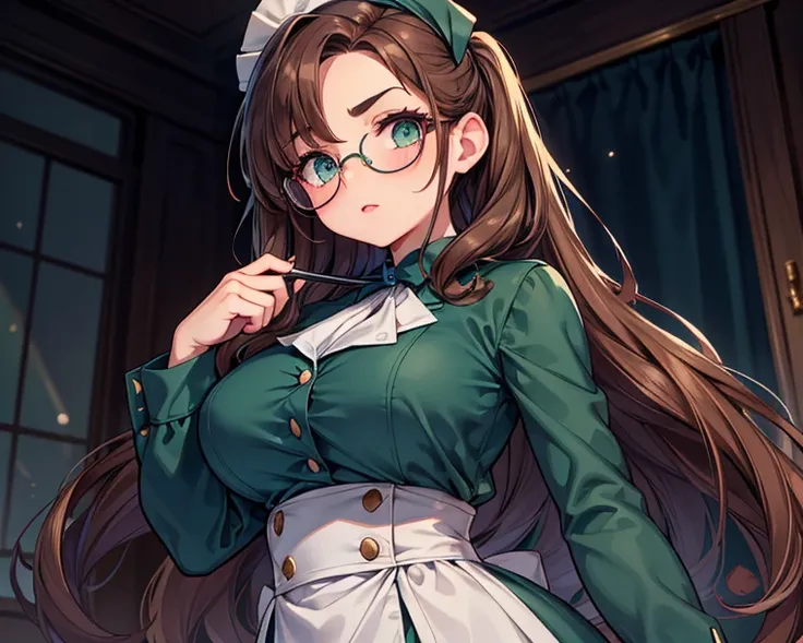  Make dark green eyes ,  with beautiful eyebrows , a slightly wide nose,  slightly round face ,  and wide, thick lips ,  with brown hair up to the waist, long back , curly.

That she has glasses and a very elegant dark blue nurse's uniform