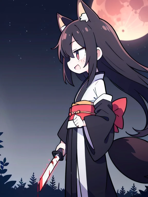 ((Best masterpiece, Perfect quality, Ultra detailed)), A fox girl with skinny body, With black hair, Straight hair, Black big fox ears, Single black hairy tail, With bloodless skin, Pale skin, Scars on her face, Putting on a black kimono, Long length, Hold...