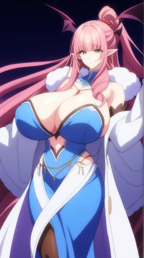 ((1girl,a drawing of a woman wearing Tight spinning Blue dress And fluffy White coat with long purple Pink hair, 1girl, breasts, succubus, pointy ears, rose pink hair, single Side topknot, jewelry, Very long hair, green eyes, earrings, cleavage, huge breas...