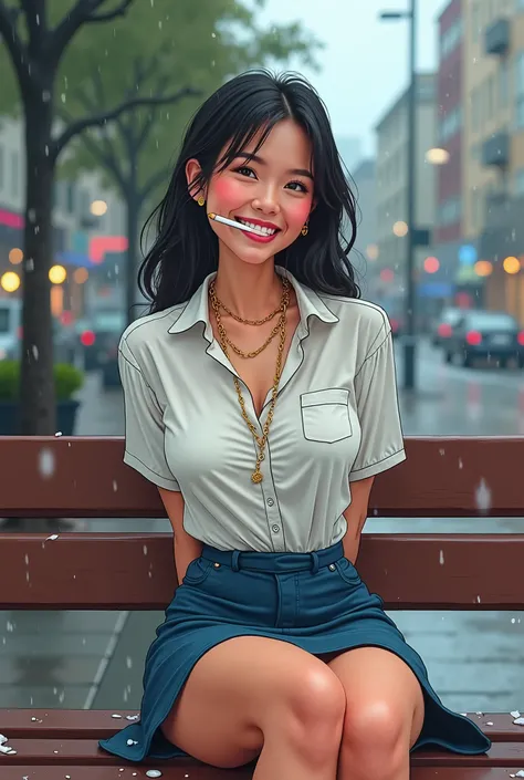 Tip: A very lovely  beautiful Asian American woman being happy alone on a bench in Downtown San Diego in the rain.. The illustration is a high definition illustration with 4k resolution., with highly detailed facial features and cartoon style visuals, whit...