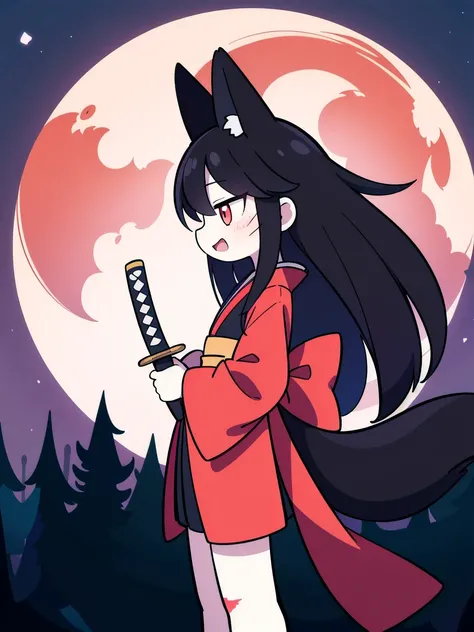 ((Best masterpiece, Perfect quality, Ultra detailed)), A fox girl with skinny body, With black hair, Straight hair, Black big fox ears, Single black hairy tail, With bloodless skin, Pale skin, Scars on her face, Putting on a black kimono, Long length, Hold...