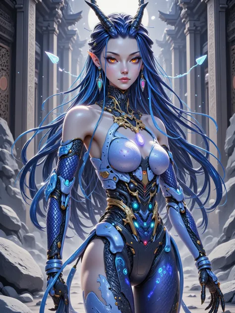 alone, long dark blue hair, a pair of dragon horns on the head,  Machine Bionic ，whole body， gear mechanical structure ， translucent matte material ，Full body frosted ，Acrylic， transparent immersive style， Simulates Human Anatomy ， Perfect Figure with Very...