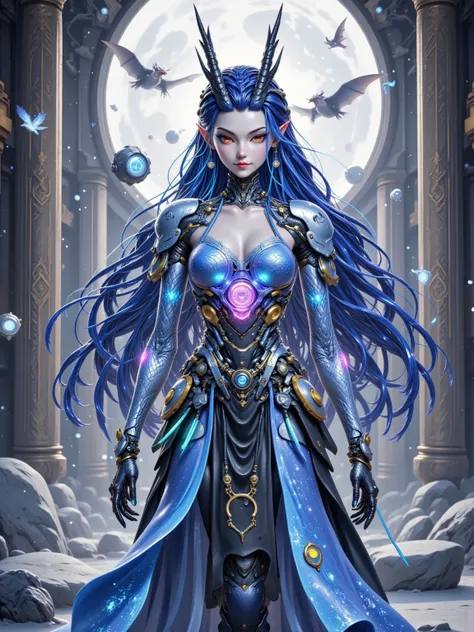 alone, long dark blue hair, a pair of dragon horns on the head,  Machine Bionic ，whole body， gear mechanical structure ， translucent matte material ，Full body frosted ，Acrylic， transparent immersive style， Simulates Human Anatomy ， Perfect Figure with Very...