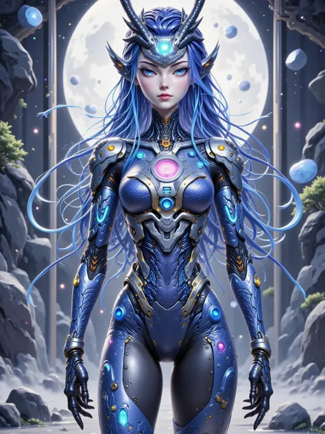 alone, long dark blue hair, a pair of dragon horns on the head,  Machine Bionic ，whole body， gear mechanical structure ， translucent matte material ，Full body frosted ，Acrylic， transparent immersive style， Simulates Human Anatomy ， Perfect Figure with Very...