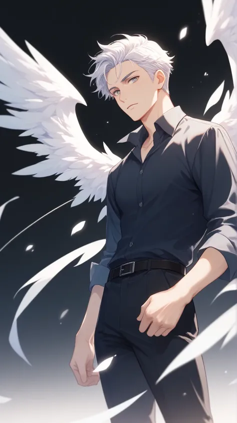    Male Character. Very large white man , short white hair shaved on the sides,  gray eyes , tall and thin.  black dress shirt and black pants.  Coming out of a hole in the ground flying with very large angelic wings. {Posing standing in profile}