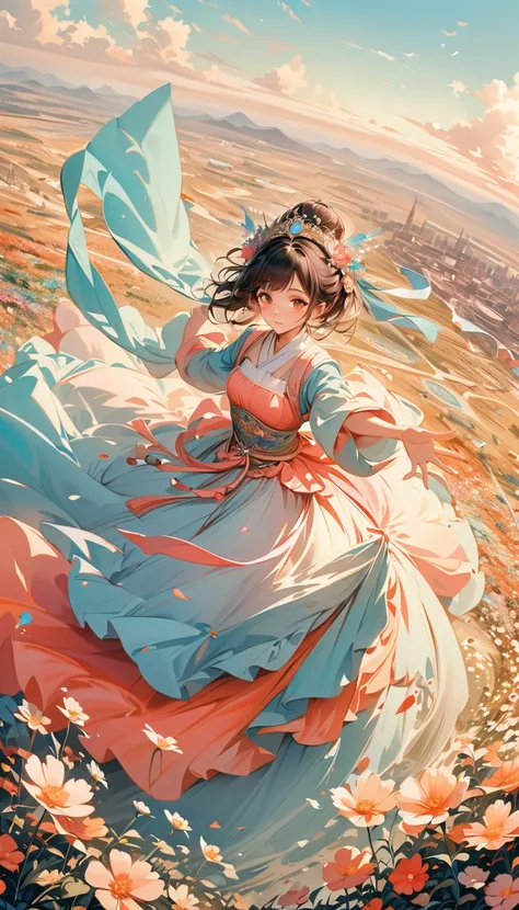 anime　Ultra-detailed, absolute resolution, a masterpiece.
Beautiful woman dancing in a colorful pastel-colored Hanfu.
Wide-angle aerial background of a flower field.
Wonderland world view.
A fusion of watercolor, acrylic and collage, conceptual installatio...