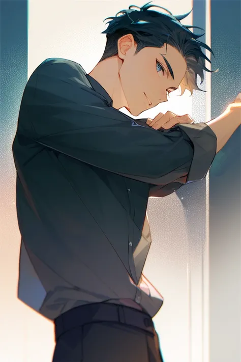 adult man,  black hair shaved on the side and short on top , { wears a black dress shirt with sleeves and skinny black pants} Your eyes are gray, {Posing standing in profile}.