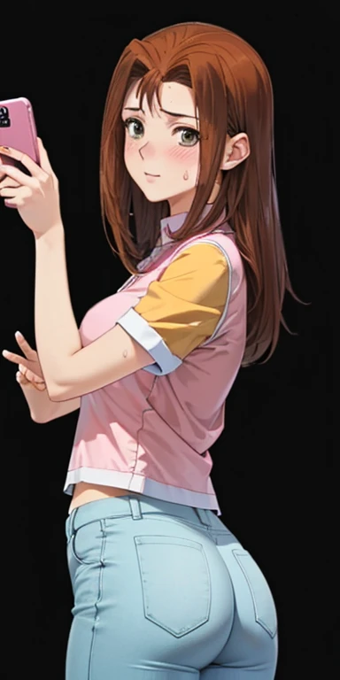  1 female, high definition, High resolution,  ultra-realistic  ,8K,serenidaddm ,  gray eyes, long hair,  brown hair,   pink shirt , pantalones cortos azules,European,sexy, close up of the upper body ,  photographed from the front , Dynamic Angles ,blush,  ...