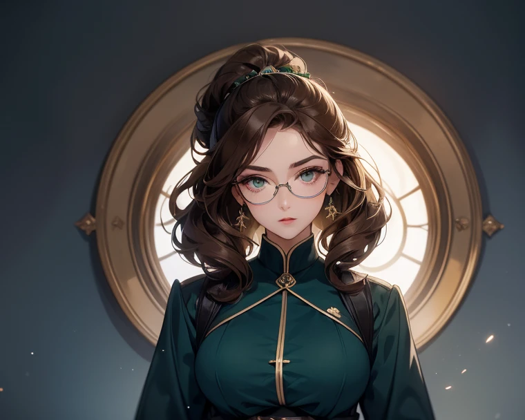  Make dark green eyes ,  with beautiful eyebrows , a slightly wide nose,  slightly round face ,  and wide, thick lips ,  with brown hair up to the waist, long back , curly.

That she has glasses and a very elegant dark blue nurse's uniform