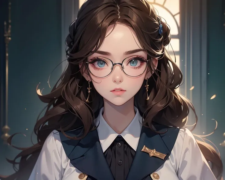  Make dark green eyes ,  with beautiful eyebrows , a slightly wide nose,  slightly round face ,  and wide, thick lips ,  with brown hair up to the waist, long back , curly.

That she has glasses and a very elegant dark blue nurse's uniform