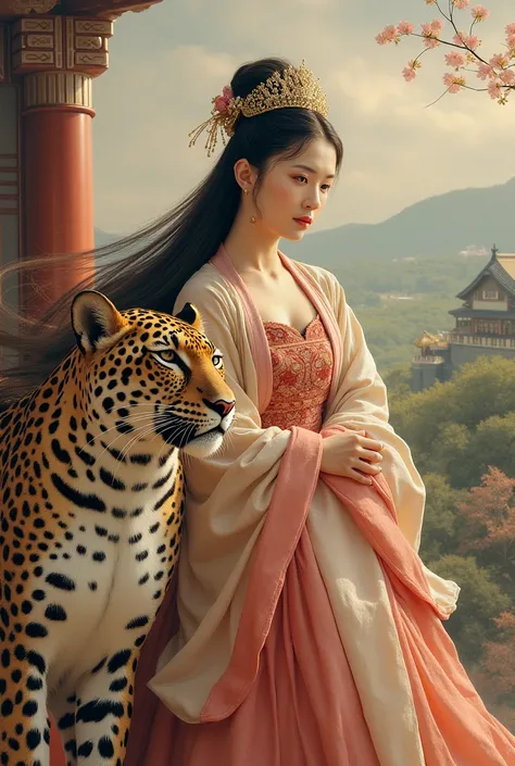 A beautifull woman with long hair. She was the crown princess of the sing dynasty kingdom hanbok sitting in a painting and accompanied by a leopard the background of the sing dynasty kingdom