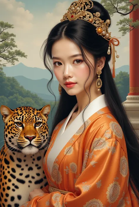 A beautifull woman with long hair. She was the crown princess of the sing dynasty kingdom hanbok sitting in a painting and accompanied by a leopard the background of the sing dynasty kingdom