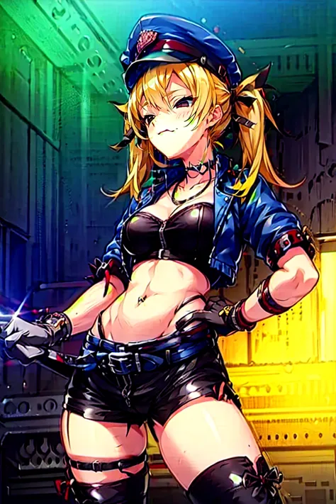 1girl, solo, alone, rin, dominatrix, red eyes, blonde hair, medium hair, twintails, black bondage, hair bows, peaked military cap, short jacket with detachable collar, necklace, bondage midriff with zipper, gloves, bondage shorts, belt, bare thighs, thigh ...