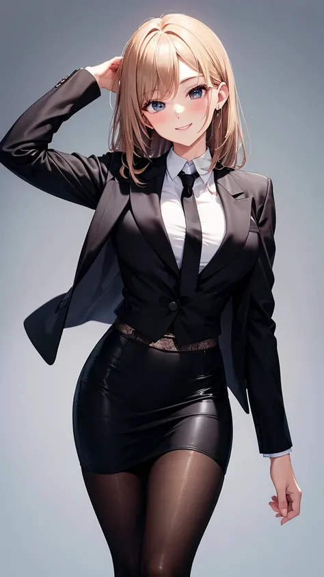 sexy older sister in a black business suit　　 　　The black tie is tight　 black pencil skirt 　Brown tights　smile　  high res　  high res　 trying to take off his jacket