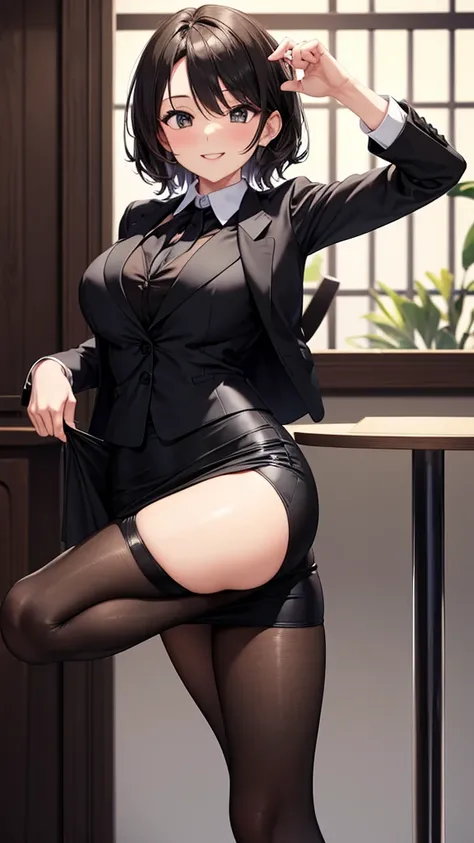 sexy older sister in a black business suit　　 　　The black tie is tight　 black pencil skirt 　Brown tights　smile　  high res　  high res　 trying to take off his jacket