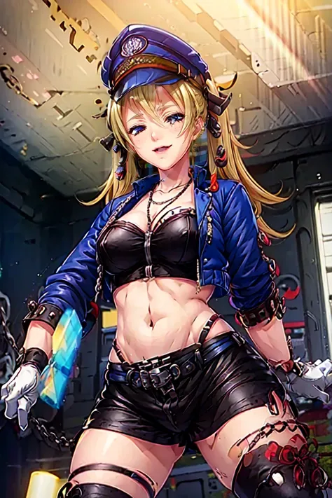 1girl, solo, alone, rin, dominatrix, red eyes, blonde hair, medium hair, twintails, black bondage, hair bows, peaked military cap, short jacket with detachable collar, necklace, bondage midriff with zipper, gloves, bondage shorts, belt, bare thighs, thigh ...