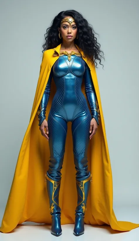  Create a realistic man ,  an attractive young beautiful and gorgeous female hero Kristala, sexy, strong and futuristic with black wavy hair , wearing a blue metallic two piece leotard micro costume with scaled texture with yellow ornaments  yellow leather...