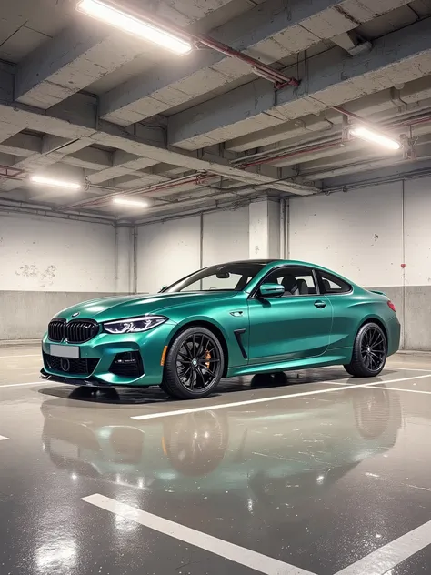 A teal green BMW sports car is parked in an underground garage. The car is positioned slightly to the left of center in the image. It's a two-door coupe with dark rims and a sleek design. The car appears to be a modern model, likely from the last s. The g...