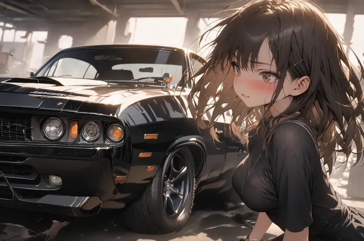 (masterpiece, detailed:1.2), One Girl, (18-years old), brown long Bob Cut, Medium Breasts, BREAK, Highest quality, BREAK, standing next to matte black '69 Dodge super Charger,