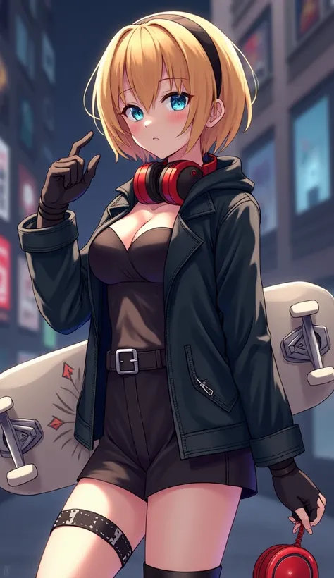  anime　 Gold　 short hair　 blue eyes　black long sleeve leather jacket　 black short camisole　 black buckle 　 black leather gloves on hands 　 black short boots　 black short socks 　 thigh decoration on both thighs 　 black knee brace on the knee 　 big breasts　b...