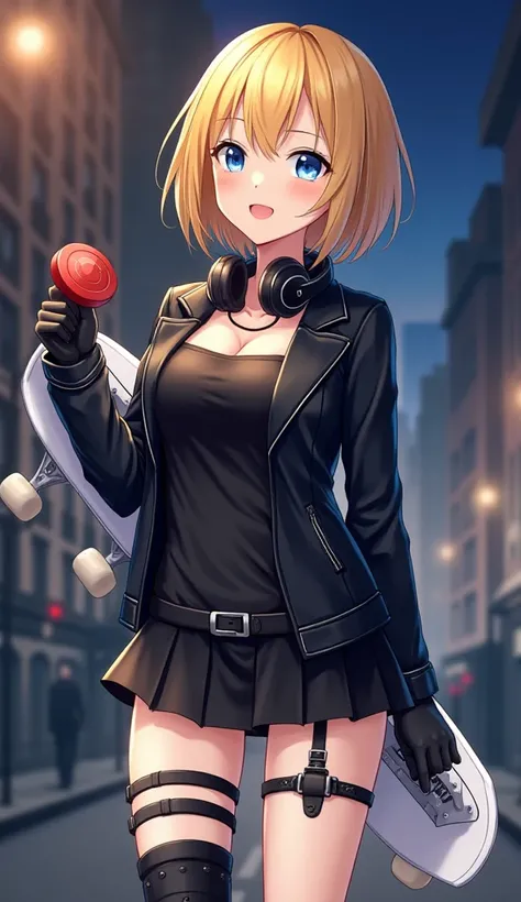  anime　 Gold　 short hair　 blue eyes　black long sleeve leather jacket　 black short camisole　 black buckle 　 black leather gloves on hands 　 black short boots　 black short socks 　 thigh decoration on both thighs 　 black knee brace on the knee 　 big breasts　b...